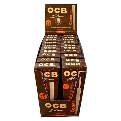 Box OCB Cones Slim Unbleached Virgin Paper 20 Packs à 3 Cones