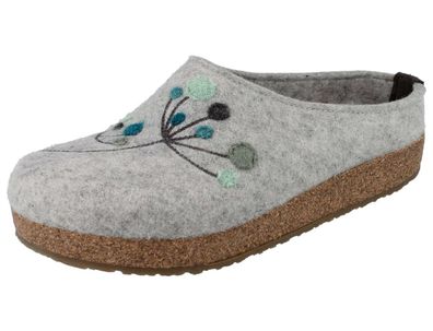Haflinger Grizzly Amaya Damen Hausschuhe grau bestickt mit Dolden Wollfilz