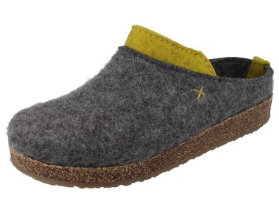Haflinger Grizzly Speed Damen Hausschuhe grau grün Wollfilz