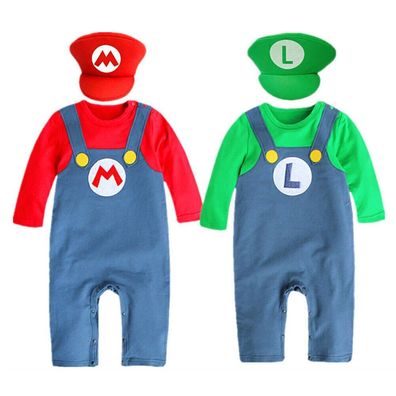 Super Mario Luigi Kind Baby Cosplay Kostum Strampler Hut Karneval Party Anzug"