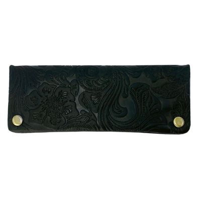 Angelo Tabakbeutel/Feinschnittbeutel + Zubehör aus Leder mit Flowerprint schwarz