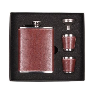 Hauser Flachmann-Set Lederoptik braun/chrom 210ml Fassungsvermögen mit 2 Bechern