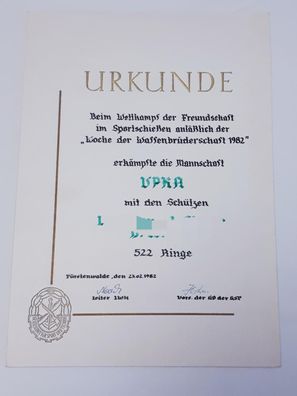 Urkunde Wettkampf der Freundschaft Sportschießen "Woche der Waffenbrüderschaft" 1982