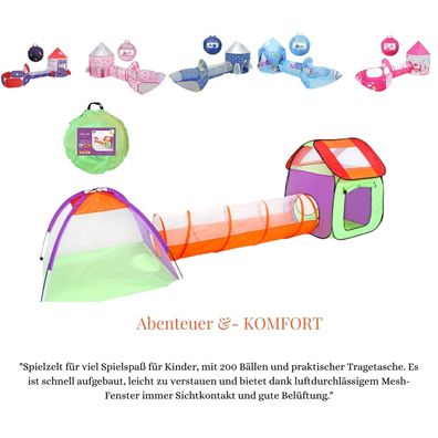 Kinder 3-in-1 Spielzelt mit Tunnel - Indoor Spielhaus, 3-teiliges Set (ohne Bälle)