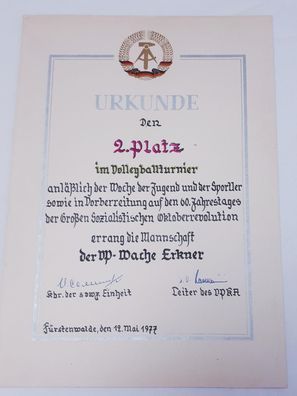 Urkunde VoPo Volleyballturnier VP Wache Erkner Fürstenwalde 1977
