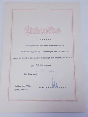Urkunde Sportfest des VPKA Fürstenwalde Mehrkampf der Männer