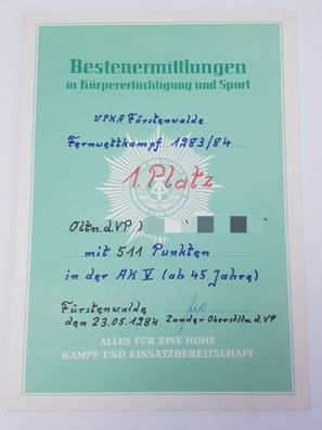 Urkunde VPKA Fürstenwalde Fernwettkampf 1983/84 AK V