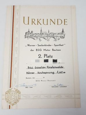Urkunde Werner Seelenbinder Sportfest BSG Motor Bautzen BSG Gaselan FüWa