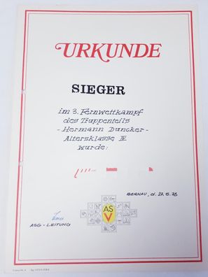 Urkunde 3. Fernwettkampf Truppenteil Hermann Duncker AK IV 1978
