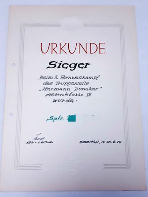 Urkunde 3. Fernwettkampf Truppenteil Hermann Duncker AK IV 1979
