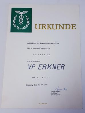 Urkunde VP Erkner Freundschaftstreffen FDJ - Komsomol Volleyball 1978