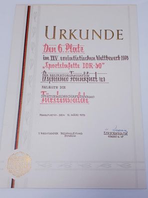 Urkunde XXV. sozialistischer Wettbewerb 1978 Sportstafette DDR-30 der BO Dynamo FFO