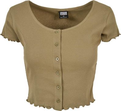 Urban Classics Damen Ladies Cropped Button Up Rib Tee Khaki
