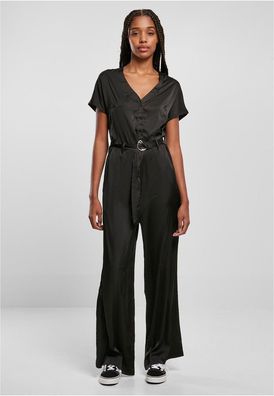Urban Classics Damen Overall Ladies Satin Wide Leg Belt Jumpsuit Black