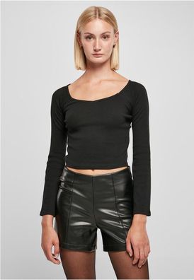 Urban Classics Damen Ladies Short Rib Wide V-Neck Longsleeve Black