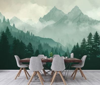 Vlies Fototapete Berge Grün Bäume Wolken Natur TAPETE XXL Wohnzimmer Schlafzimmer