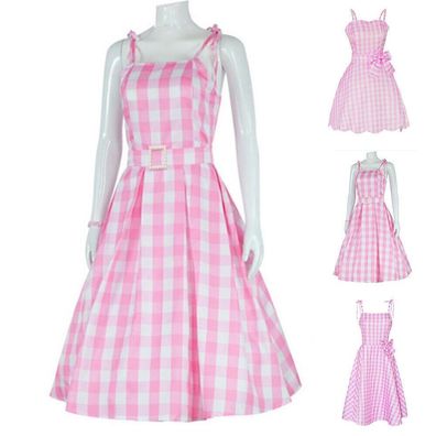 Damen Barbie Rosa Kariert Kleid Kostum Karneval Cosplay Partykleid Tragerkleid