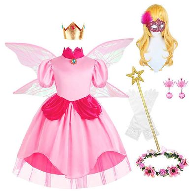Kinder Prinzessin Peach Kleid Mario Kostum-Set Karneval Cosplay Halloween