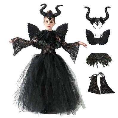Neue Kinder Maleficent Cosplay Kostum Kleid Stirnband Madchen Halloween Outfit