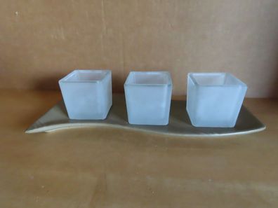 geschwungene braune Platte mit 3 milchigen Gläsern ca.26,5 cm PartyLite