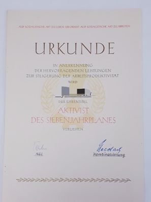 DDR Urkunde Ehrentitel Aktivist des Siebenjahrplanes