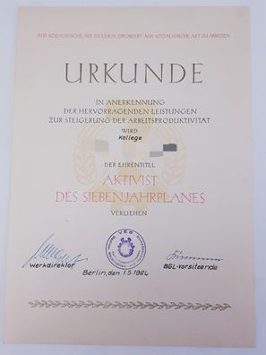 DDR Urkunde Ehrentitel Aktivist des Siebenjahrplanes 1964