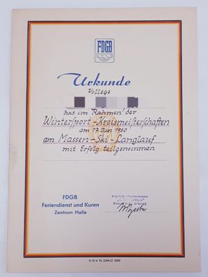 Urkunde FDGB Wintersport-Kreismeisterschaften 1960 Massen-Ski-Langlauf