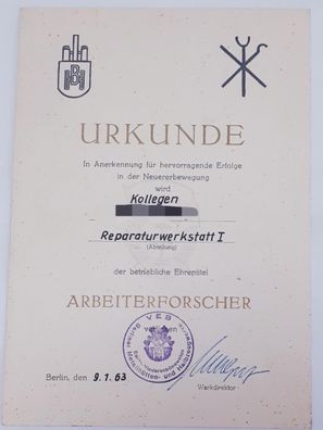 DDR Urkunde Betrieblicher Ehrentitel "Arbeiterforscher" 1963