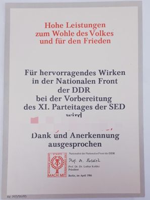 Urkunde Wirken in der Nationalen Front zum XI. Parteitag der SED 1986