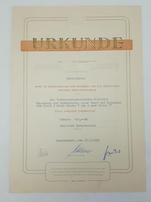 Urkunde Mitarbeit an 5-Jahresplan Stellwerk Bunkerbrücke Lauchhammer 1959