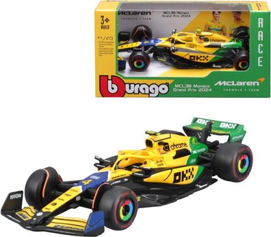 Bburago 18-38214 Modellauto - F1 MCLaren MCL38 Monaco #4 Norris, '24 (1:43)