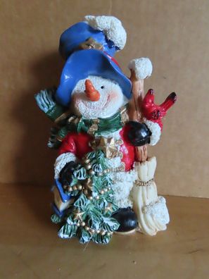 Figur Schneemann blauer Zylinder Weihnachtsbaum Besen Vogel ca.13 cm H