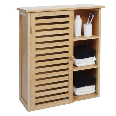 Hängeschrank HWC-O73, Badschrank Türe Staufächer Bambus 60x50x19cm