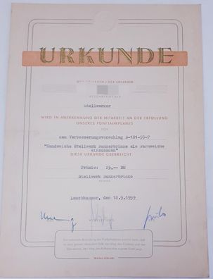 DDR Urkunde Mitarbeit an 5-Jahresplan Stellwerk Bunkerbrücke Lauchhammer 1959