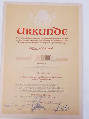 DDR Urkunde Mitarbeit an 5-Jahresplan Stellwerk Bunkerbrücke Lauchhammer 1958