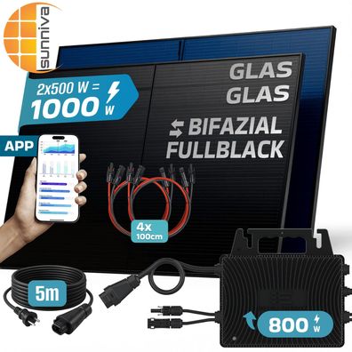 SUNNIVA® Balkonkraftwerk 1000W/800W Solaranlage INVER ENERGY Bifazial Fullblack