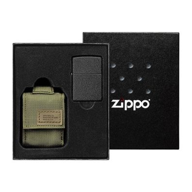 Zippo Geschenk Set, Zippo Black Crackle + Zippo Tasche aus Nylon in grün