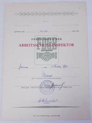 Urkunde FDGB Ehrenamtlicher Arbeitsschutzinspektor 1964