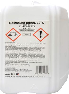 Salzsäure 30% techn. (Chlorwasserstoffsäure) 5 Liter Kanister