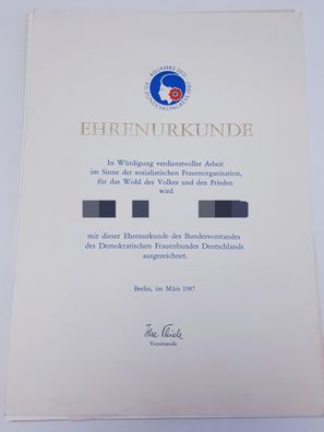 DDR Ehrenurkunde Demokratischer Frauenbund Deutschland 1987