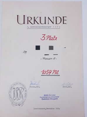 DDR Urkunde 9. Sektionsmeisterschaft 1970 Kegeln Lauchhammer