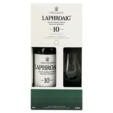 Laphroaig Islay Single Malt Scotch Whisky 10 Jahre, 40% Vol. 0,7 l + Glas
