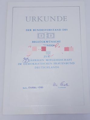 DDR Urkunde 35-jährige Mitgliedschaft im DFD 1986