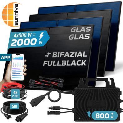 SUNNIVA® Balkonkraftwerk 2000W/800W Solaranlage INVER ENERGY Bifazial Fullblack