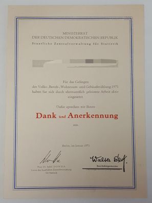 DDR Urkunde Volks-, Berufs-, Wohnraum- und Gebäudezählung 1971