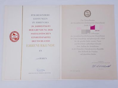 DDR SED Ehrenurkunde 20. Jahrestag der Gründung der SED