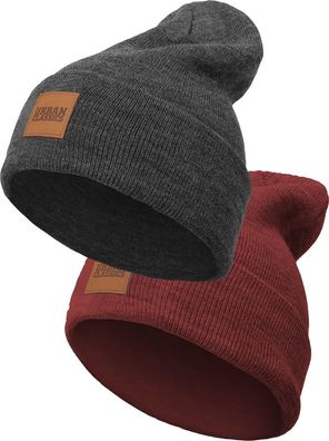 Urban Classics Kinder Mütze Logopatch Beanie Kids 2-Pack Charcoal+Burgundy