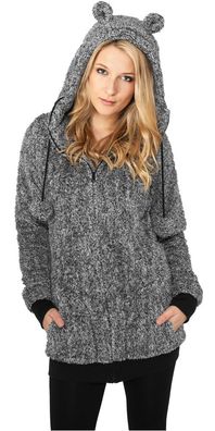Urban Classics Damen Hoodie Zip Ladies Melange Teddy Zip Hoody Black/White
