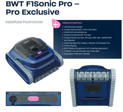BWT F1 Sonic Pro Akku Poolroboter – Kabellos, 4h Laufzeit, Ultraschallsensor, App