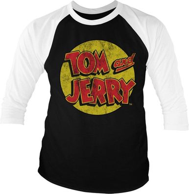 Tom &amp; Jerry Washed Logo Baseball 3/4 Sleeve Tee T-Shirt White-Black